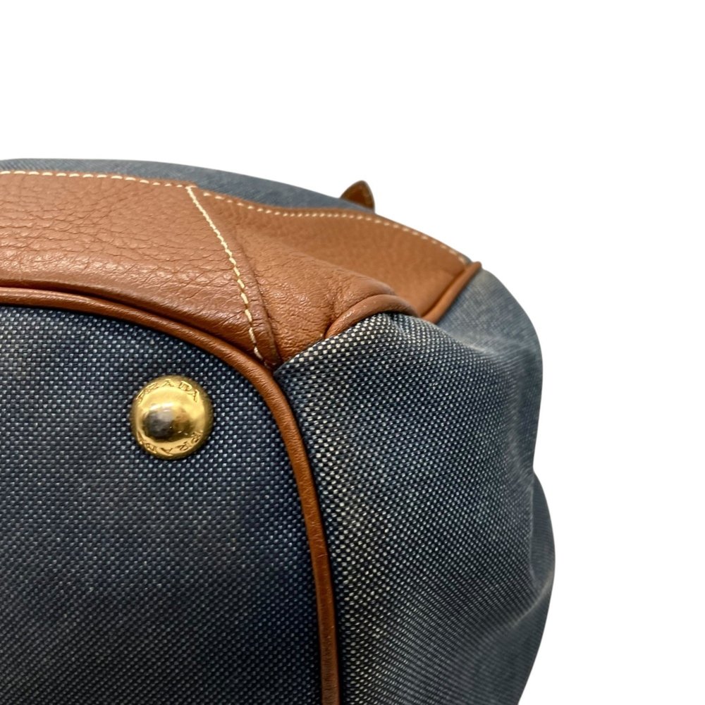 PRADA Prada Logo Jacquard Tote Bag Shoulder Denim Leather Blue Brown Gold Har... - Picture 10 of 16
